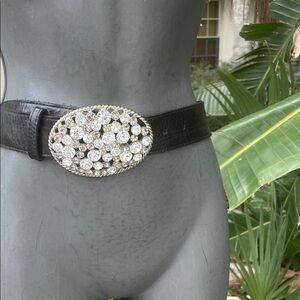 bebe soft, wide genuine leather belt with rhinestone buckle